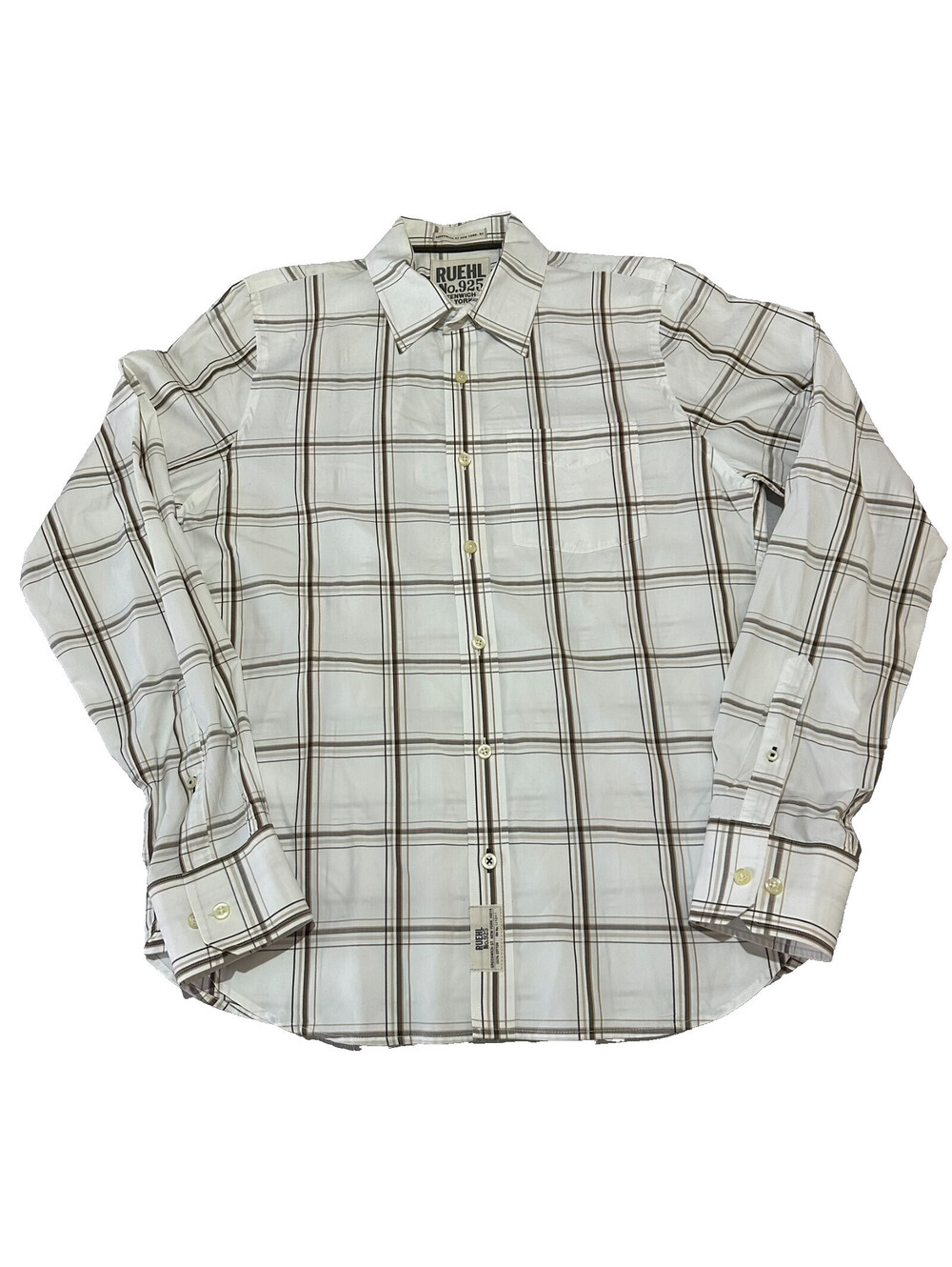 Ruehl No 925 Button Up Shirt Men XL White Brown Plaid Casual Long Sleeve Stripe